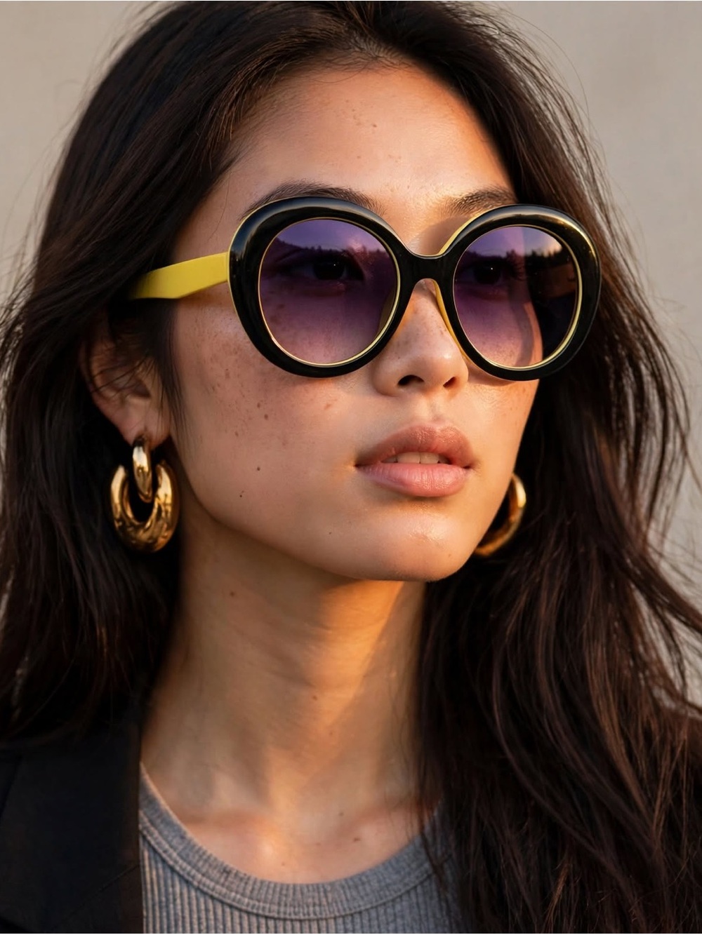 Oversized Yellow and Black Round Frame Sunglasses - Women Accessories - Picture 2 of 13